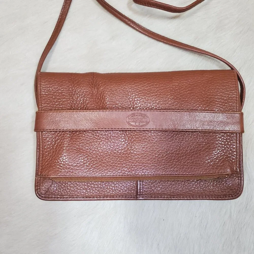 Fossil Women’s Crossbody Bag Small Brown Leather Envelope Purse Organizer Casual